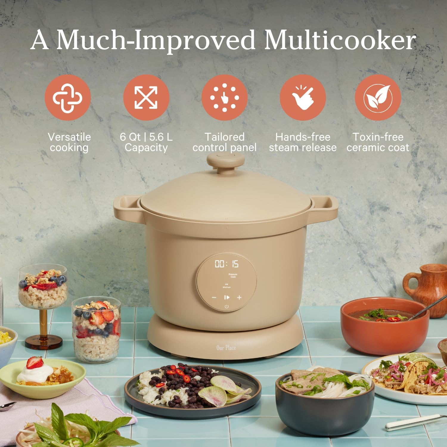 Our Place Dream Cooker | 6 Qt Ceramic Nonstick Multicooker & Pressure Cooker with Touchscreen Controls & Auto Steam Release | 4 Modes: Pressure Cook, Sauté/Sear, Slow Cook & Warm | Steam