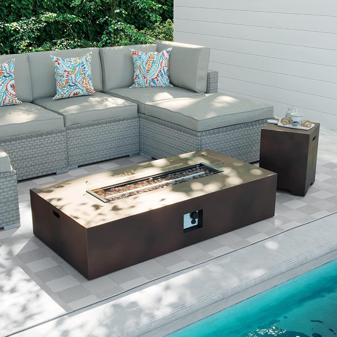 AQUILLA Propane Fire Pit, Smokeless w Tank Cover Table 3 Pieces, Rectangular Brown Color 50000 BTU Burner w Glass Wind Guard, Free Lava Rock for Poolside, Porch, Garden