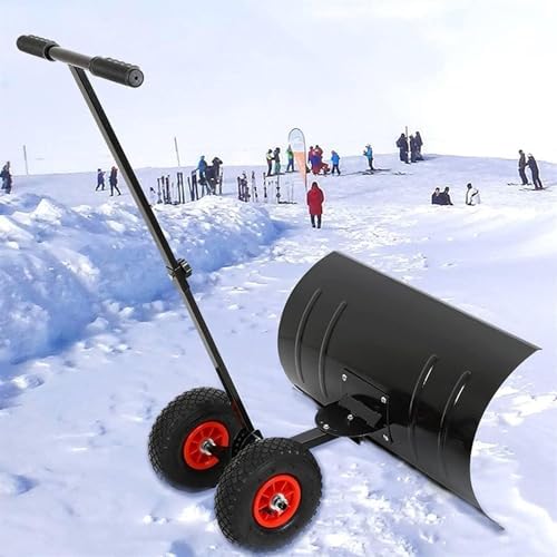 Snow Pusher Shovel, Snow Removal Shovel, Heavy Duty Rolling Snow Pusher for Winter, Adjustable Handle Height and Shovel Surface Direction