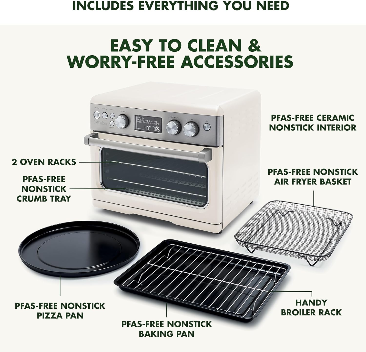 GreenPan 13-in-1 Elite Countertop Convection Oven & Air Fryer, PFAS-Free Ceramic Tray & Pizza Pan, Adjustable Racks, Multifunction Presets, Toaster, Bake, Broil, Roast, Proof, Dehydrate, Cloud Cream