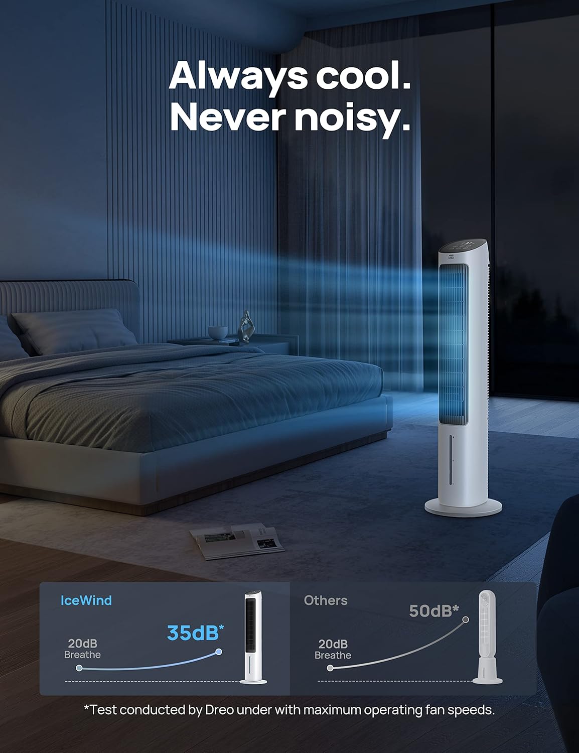 Dreo Evaporative Air Cooler, 40” Standing Bladeless Cooling Fan for Bedroom, 80° Oscillating Fans that Blow Cold Air, Swamp Cooler, Removable Water Tank, Ice Pack, 3 Mode 4-Speed, White and Black