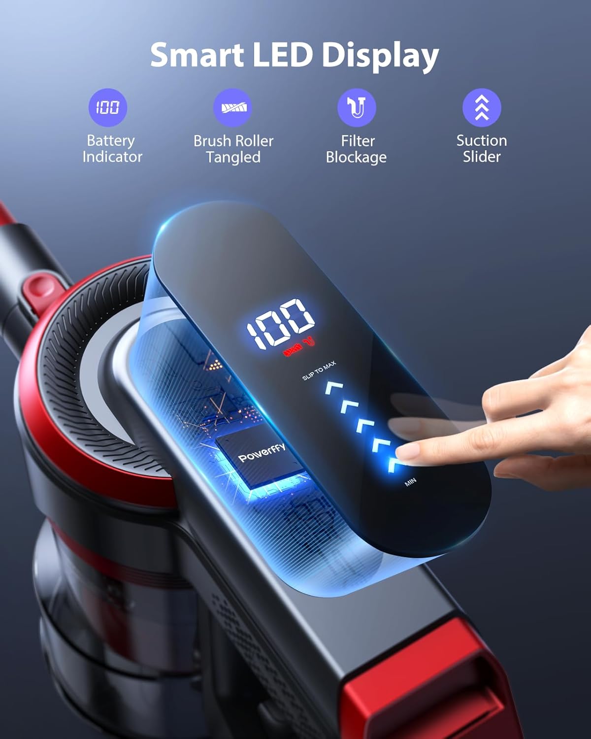 Cordless Vacuum Cleaner, Stick Cordless Vacuum with LED Touch Screen, Anti-Tangle Vacuum Cleaner with Charging Station for Carpet Hard Floor Pet Hair