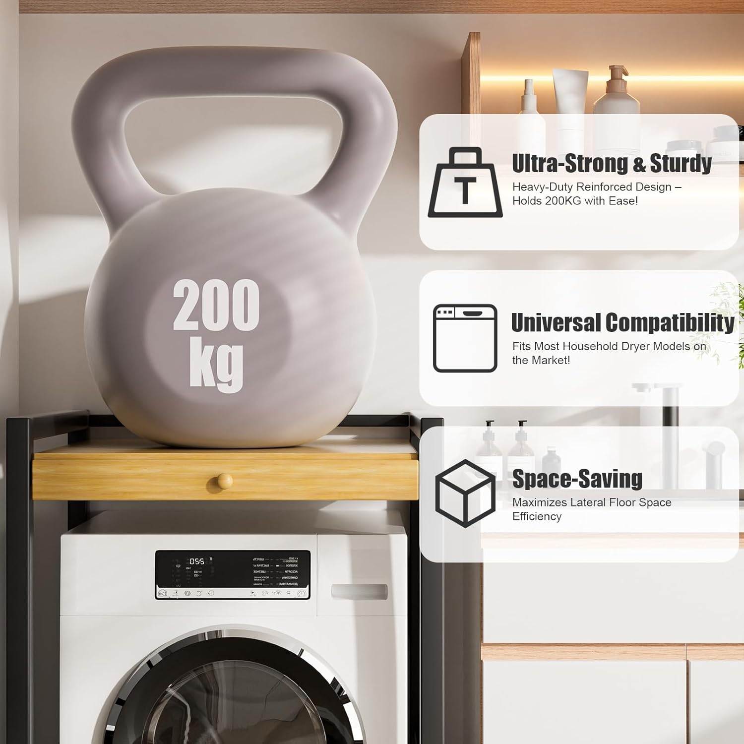 Washer Dryer Stacking Rack, Freestanding Over The Washer and Dryer Rack with Sliding Rail Hanger for Laundry Room, Bathroom Organization, 200KG Load Capacity, 24.8