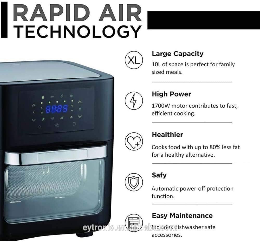 10.6Qt Digital Air Fryer, Toaster Oven & Oilless Cooker, 1700W, LED Touchscreen, Non-Stick Detachable Basket, 10-in-1 Countertop Oven with Dehydrator & Rotisserie,6 Accessories