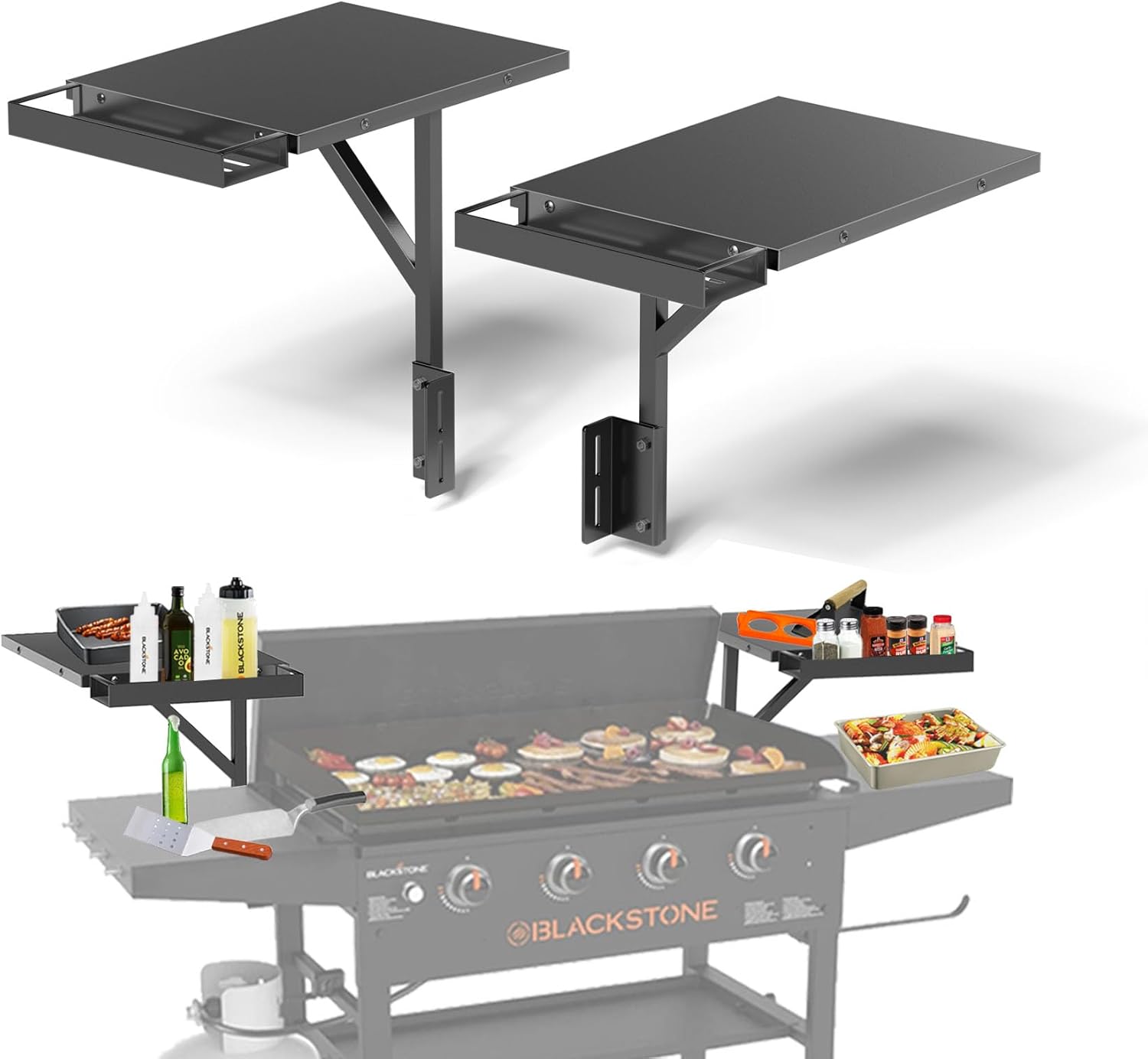 Upper Side Shelf with Griddle Caddy for Blackstone 36″/28″/28XL Griddles, Large Griddle Side Table with Bottle Holder for Easy Access, Blackstone Grill Accessories, Black (2 Pack)