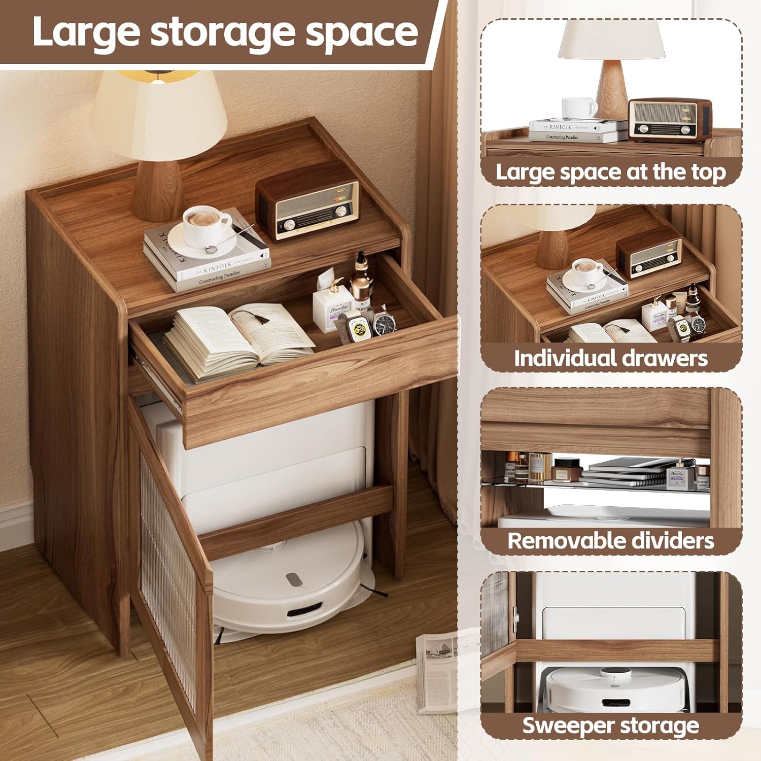 PAKASEPT Mobile Robot Vacuum Storage Cabinet Side Table, Multi Tier End Cabinet with Wheels for Living Room Kitchen