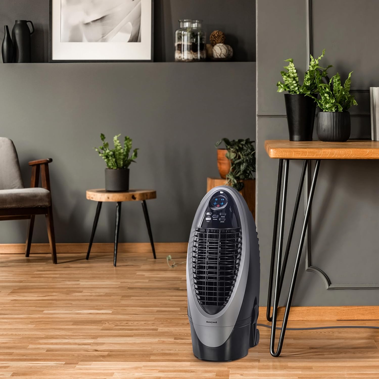 Honeywell 300 CFM Indoor Portable Evaporative Cooler, Fan & Humidifier with Detachable Tank, Carbon Dust Filter & Remote Control, Silver/Gray