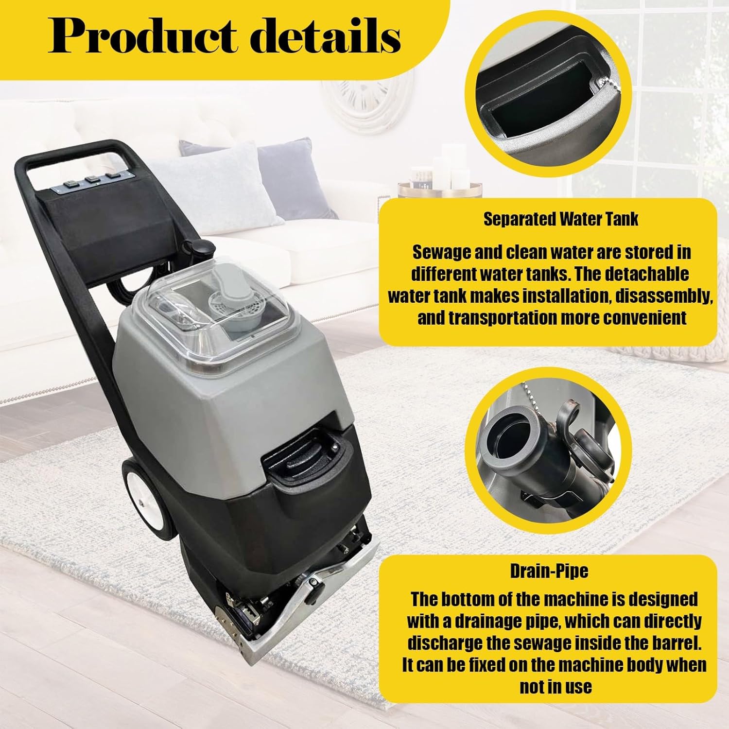 110V Commercial Carpet Cleaning Machine, 9 Gal/35L Double Water Tank Professional 3 in 1 Carpet Steamer, 2320W Hand Pushed Vacuum Extractor Cleaner
