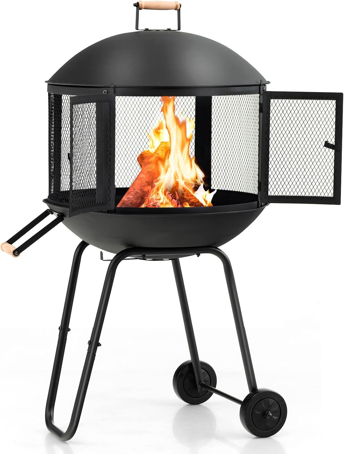 ORALNER Portable Fire Pit on Wheels, 27” Outdoor Wood Burning Firepit Cage w/Spark Screen Cover, Log Grate, Fire Poker, Steel Patio Firepit w/BBQ Grill for Outside Camping, Picnic, Backyard Bonfire
