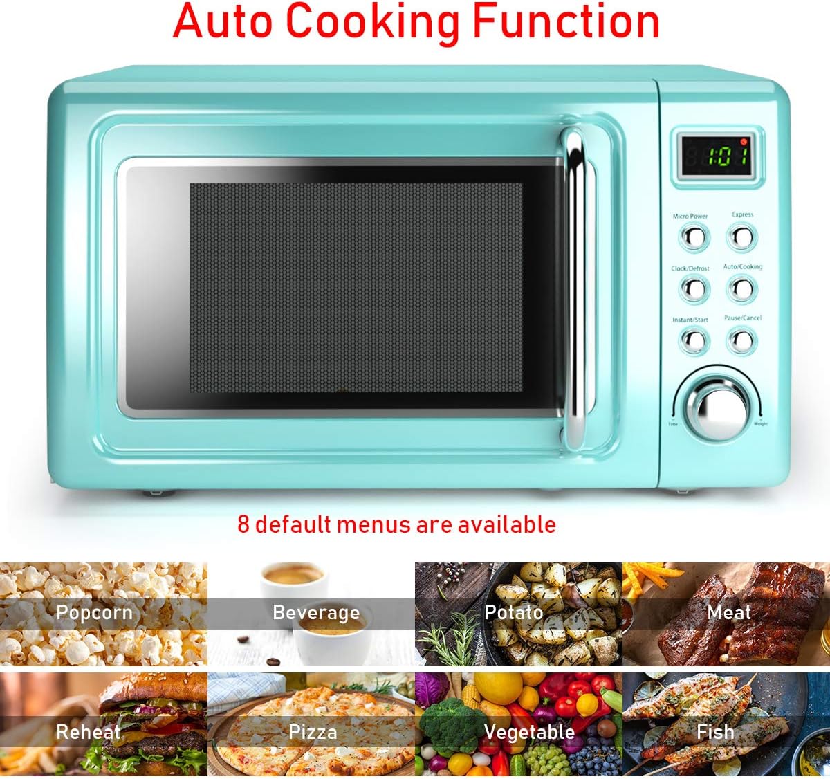 Retro Countertop Microwave Oven, Large 0.7Cu.ft, 700-Watt, Cold Rolled Steel Countertop with Time Setting, Glass Turntable Plate, Pre-Programmed Cooking Settings, LED Display, Child Lock (Green)