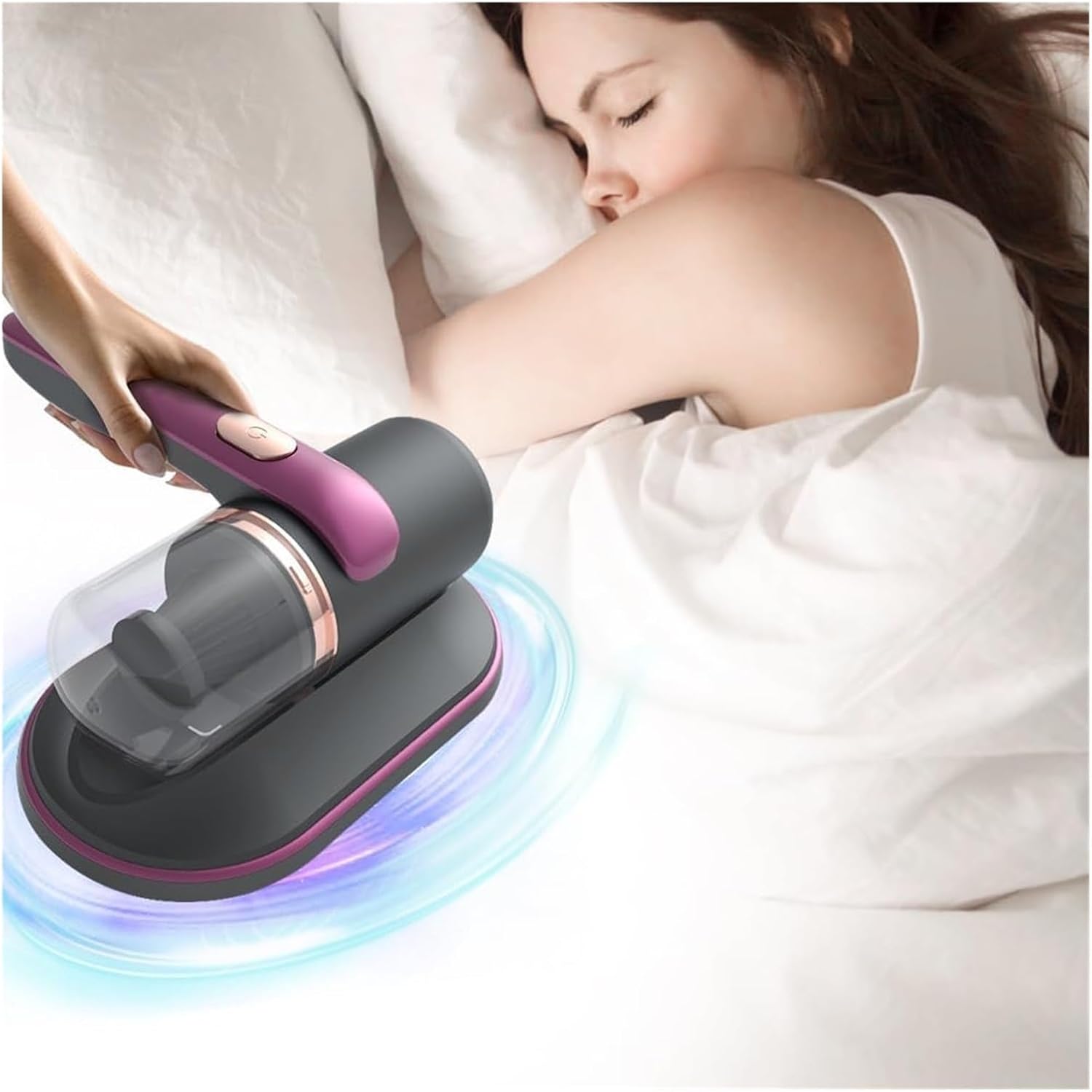 Household High-Frequency Strong Removal Instrument, 10Kpa Low NoiseHandheld Deep Mattress Vacuum Cleaner, Double Beat Cordless Dust Vacuum Remover Cleaning Machine for Pillows Sofas (Color : Purple)