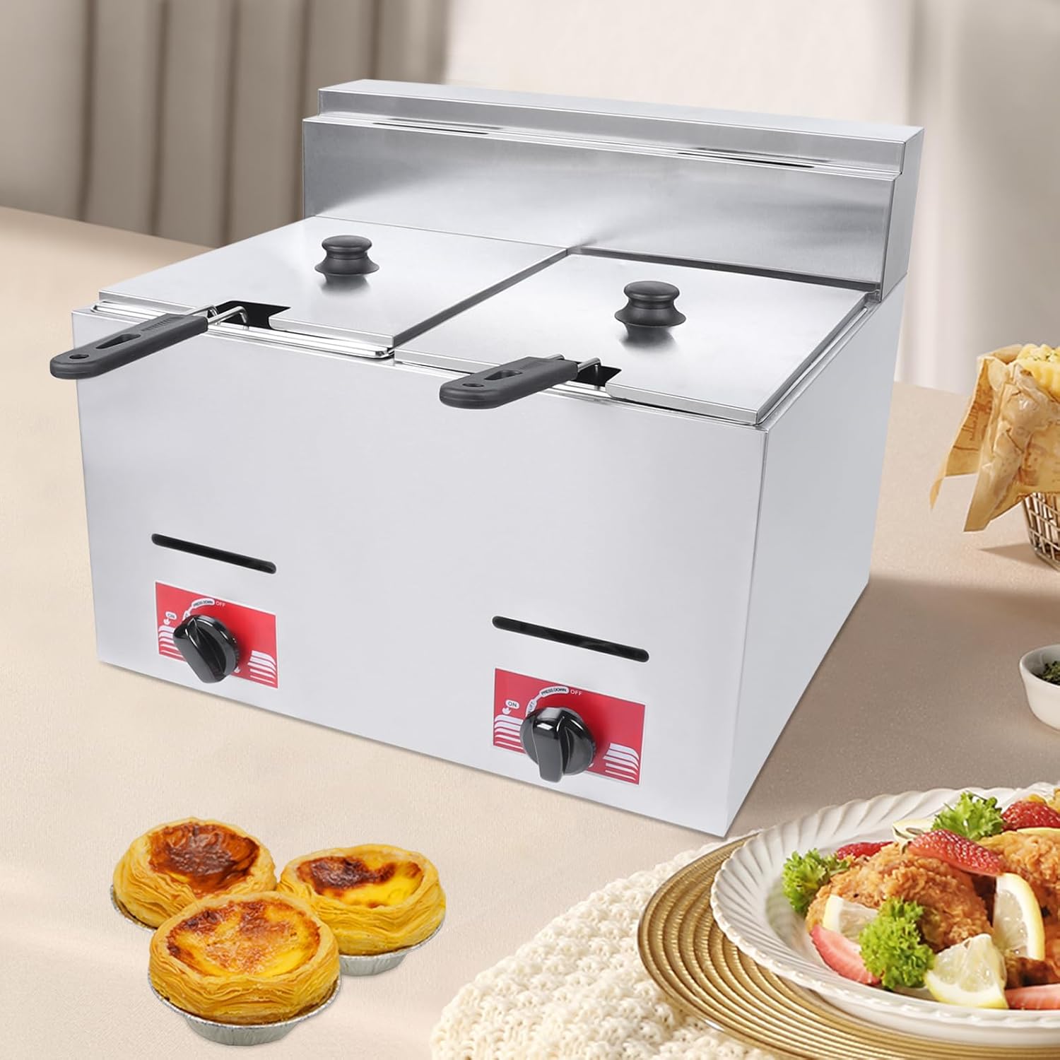 6L*2 Heavy Duty Deep Fryer,Commercial Gas Deep Fryer,Stainless Steel Countertop Deep Gas Fryer with Dual Baskets/Lid for Home Restaurants