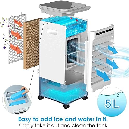 Portable Air Cooler, Mobile Air Conditioner Fan Purifier, Humidifier with Wheels And 5L Dual Water Tank, 3 Modes, 3 Speeds, Remote Control