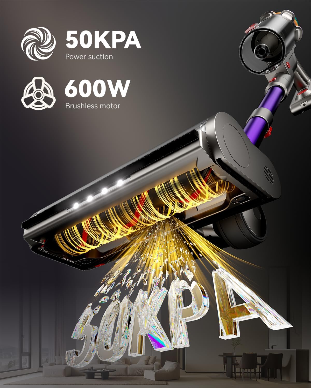 Cordless Vacuum Cleaner, 50KPA 65Mins XL Dust Cup Vacuum Cleaners for Home, Stick Vacuum with Anti-Tangle Brush,LED Display,Self-Standing, Vacuum Cordless for Hardwood Floor, Carpet, Pet Hair