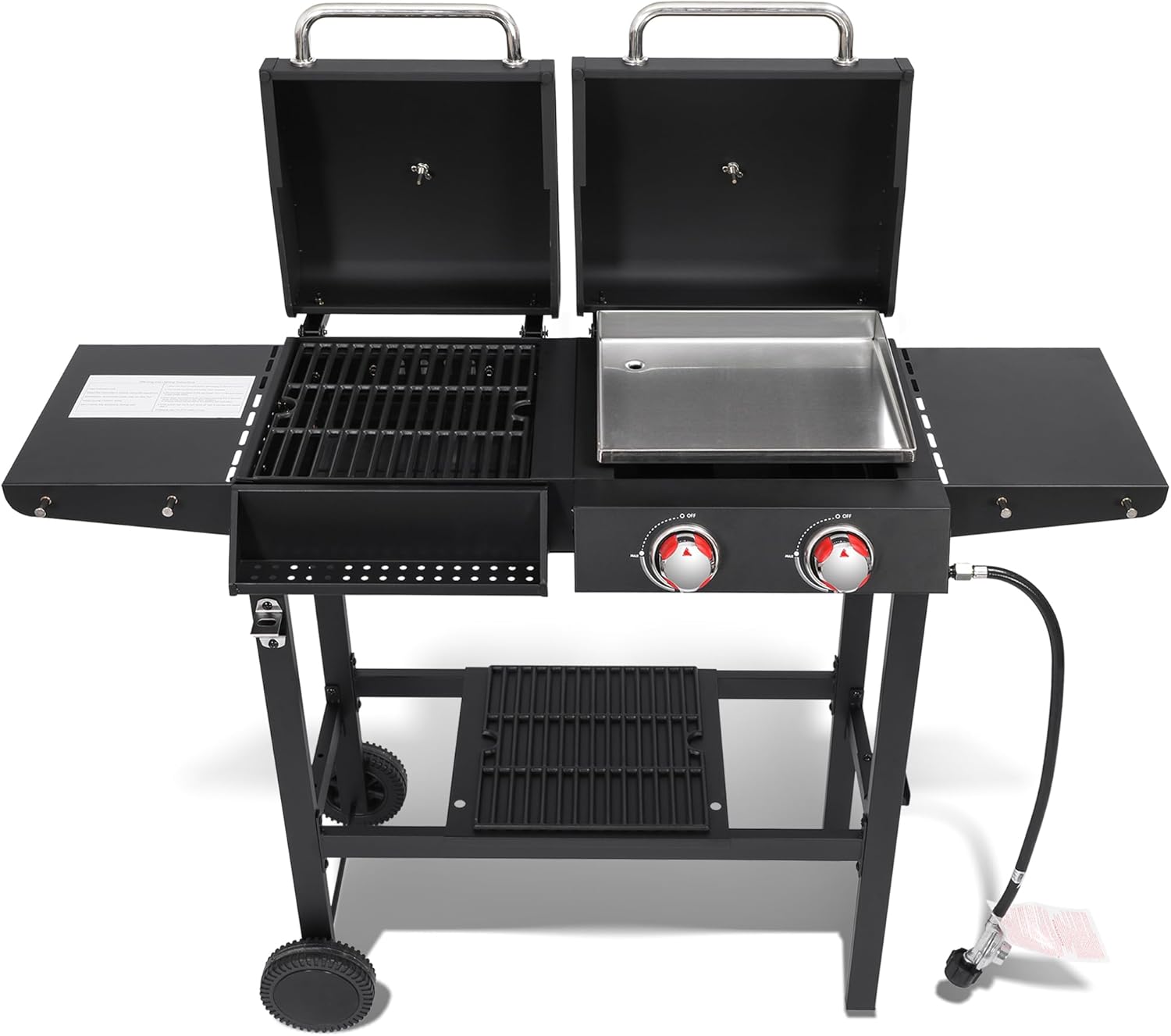 2 Burner Propane Gas & Charcoal Combo Grill with Griddle, 18900 BTU Outdoor BBQ Smoker BBQ Grill with Side Table, Cast Iron Grates, Temperature Gauge, Cart with Wheels