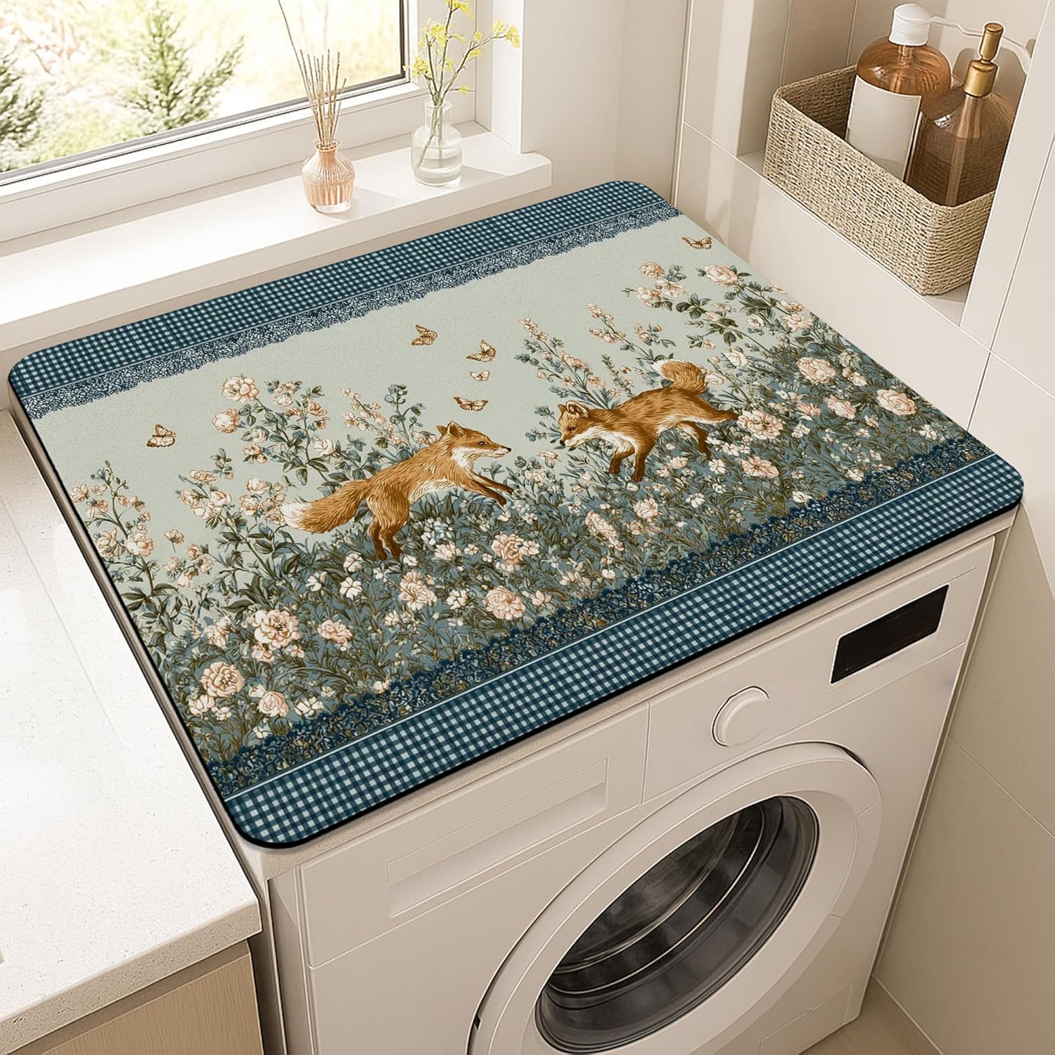 Floral Washer Dryer Top Protector Mat, Vintage Floral Laundry Machine Dust Cover, Spring Garden Design Rubber Anti-slip Waterproof Washer And Dryer Mats for Laundry Room 20x24 Inch