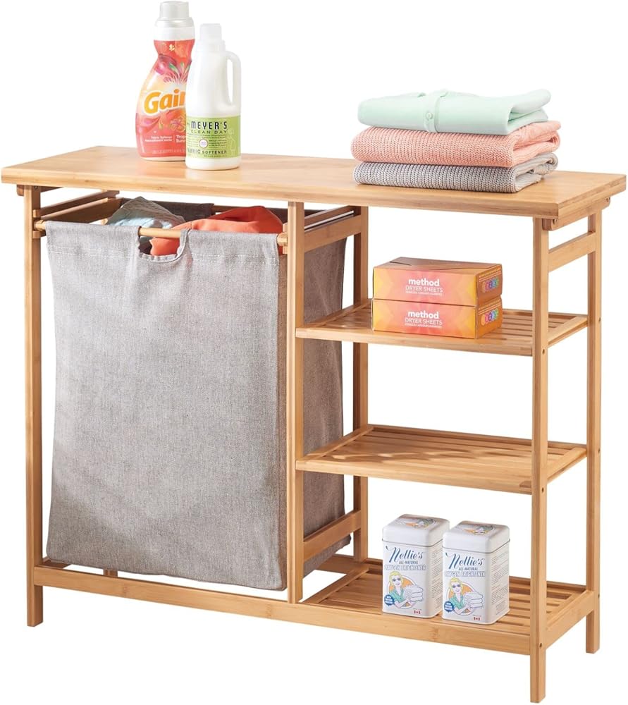mDesign Bamboo Freestanding Laundry Hamper Basket Table - Storage Shelves for Folding Clothes and Organizing Detergent, Fabric Softener, Bleach, Dryer Sheets - Echo Collection - Natural