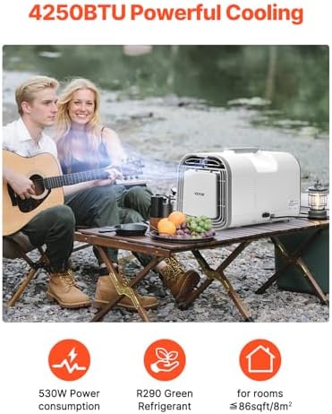 VEVOR Portable Air Conditioner, 4250 BTU 3-Speed Air Conditioning Unit with 24H Timer, Air Portable AC Compatible with AC/DC 24V, for Outdoor Tent Camping, RVs or Home Use, White