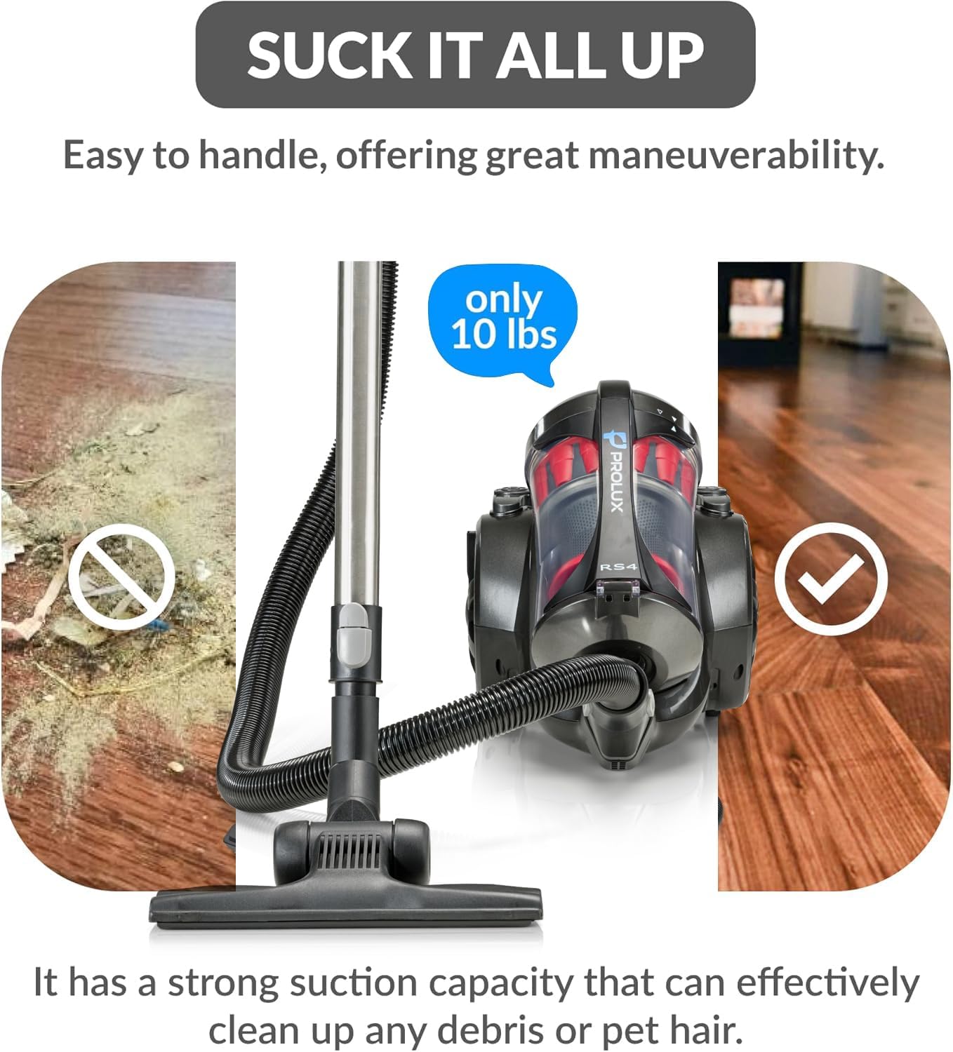 Prolux RS4 Bagless Canister Vacuum, Lightweight with Dual HEPA Filtration, 25 Foot Retractable Cord, Telescopic Wand, Versatile for Wood Floor, Carpet, Home, Office, Apartment, RV, Dorm Room