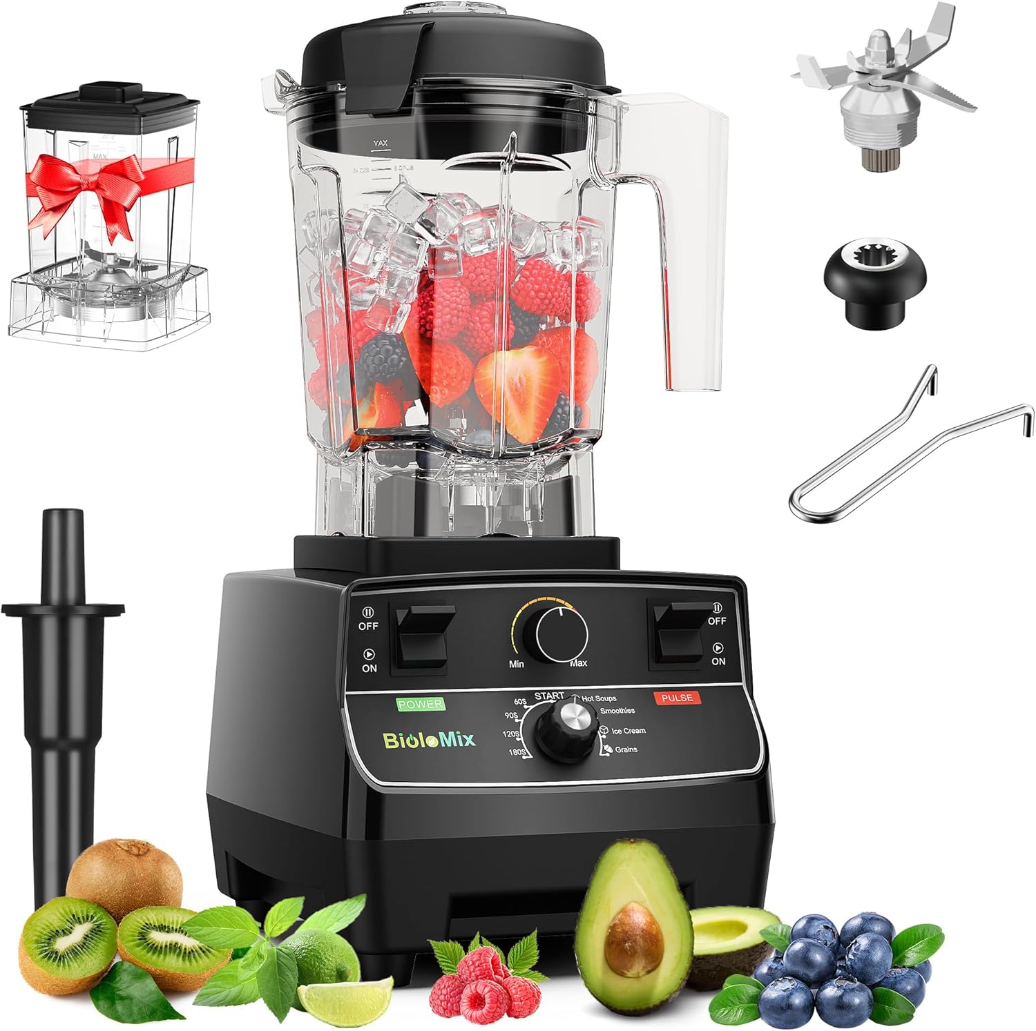 Biolomix Professional Smoothie Blender, 2200W High Power with 68oz Pitcher, Smart Presets, Blender for Kitchen, Ice, Soup (Extra Parts + 600ML Grinding Cups)