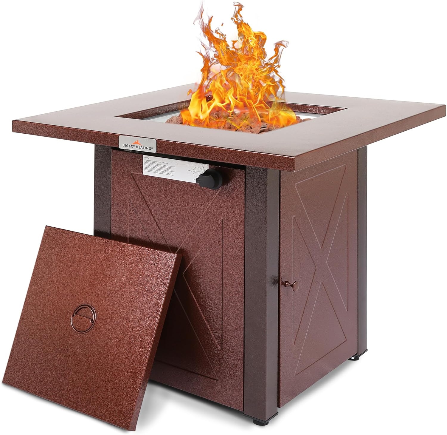 28 Inch Outdoor Propane Fire Pit Table, 50,000 BTU Square Gas Fire Table, Brown Hammered Gold Finish, Rust-Resistant Steel, Brown Finish, for Patio and Backyard Heating with Lava Rocks and Lid