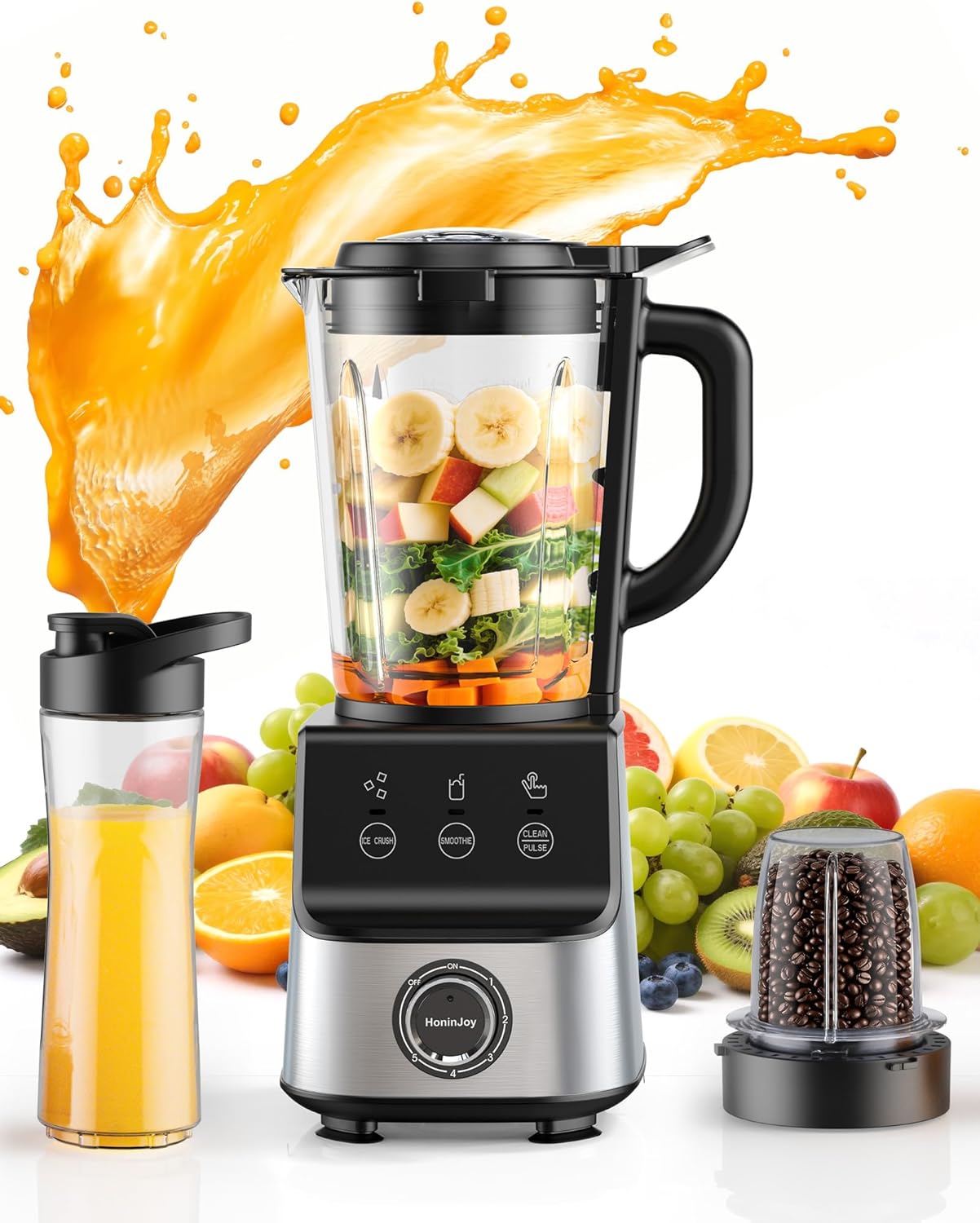 Countertop Blenders for Kitchen, 1400W Professional Blender for Smoothies, 3 Functions with 5 Speeds Smoothie Blender, with 51-oz Glass Jar, Grinder & Portable Cup Combo, Self-Cleaning
