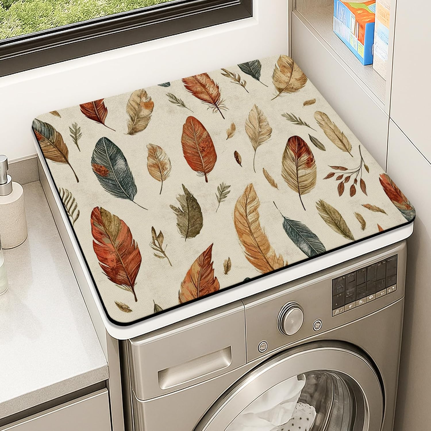 Leaf Pattern Washer Dryer Top Protector Mat, Autumn Botanical Design Laundry Machine Dust Covers, Eco-friendly Anti-slip Waterproof Washer And Dryer Mats for Laundry Room 24x24 Inch