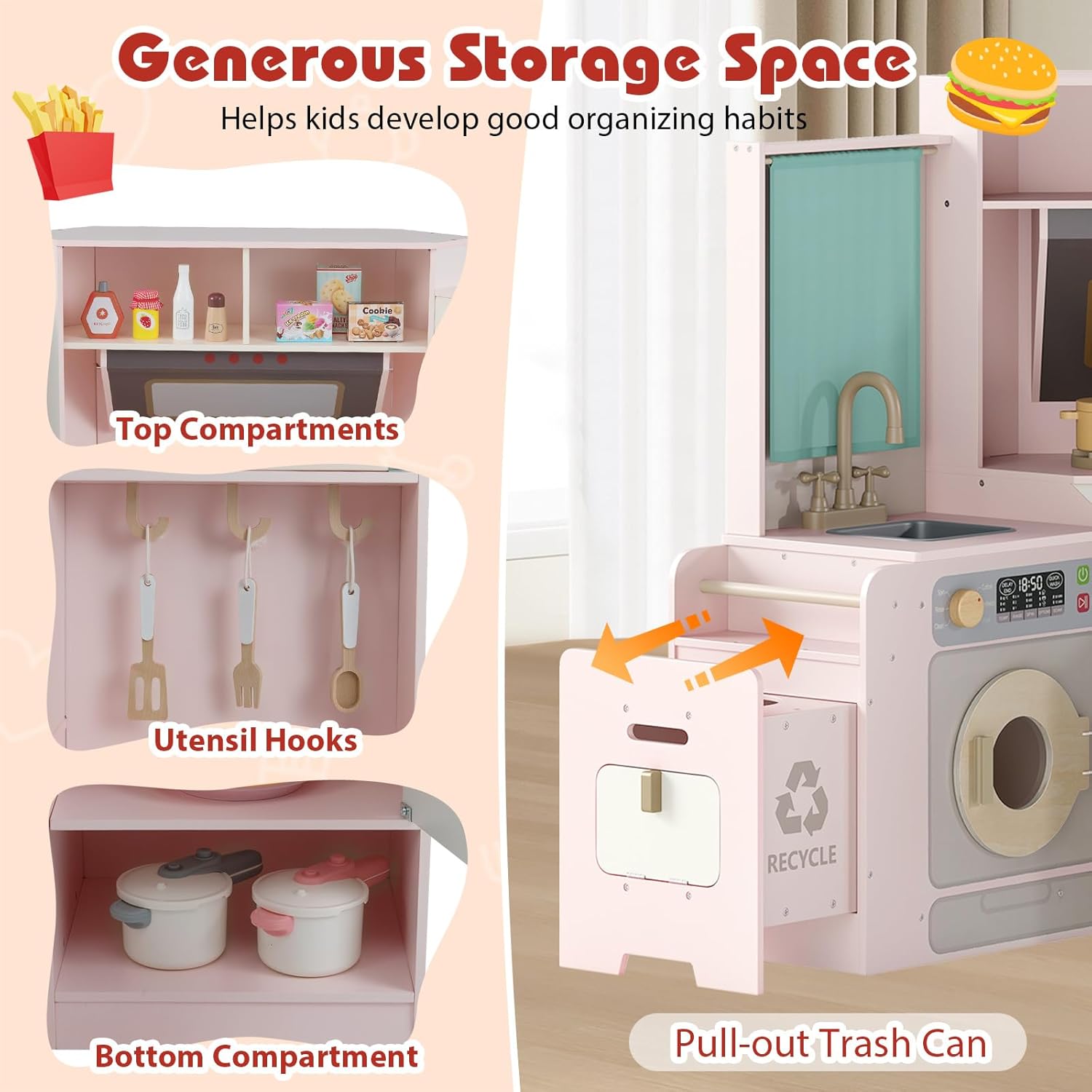 Costzon Corner Play Kitchen, Large Pretend Play Kitchen w/Real Light & Sound, Pull-Out Trash Can, Stoves, Microwave, Oven, Washer, Little Chef Wooden Kitchen Playset for Kids 3+ Years Old (Pink)