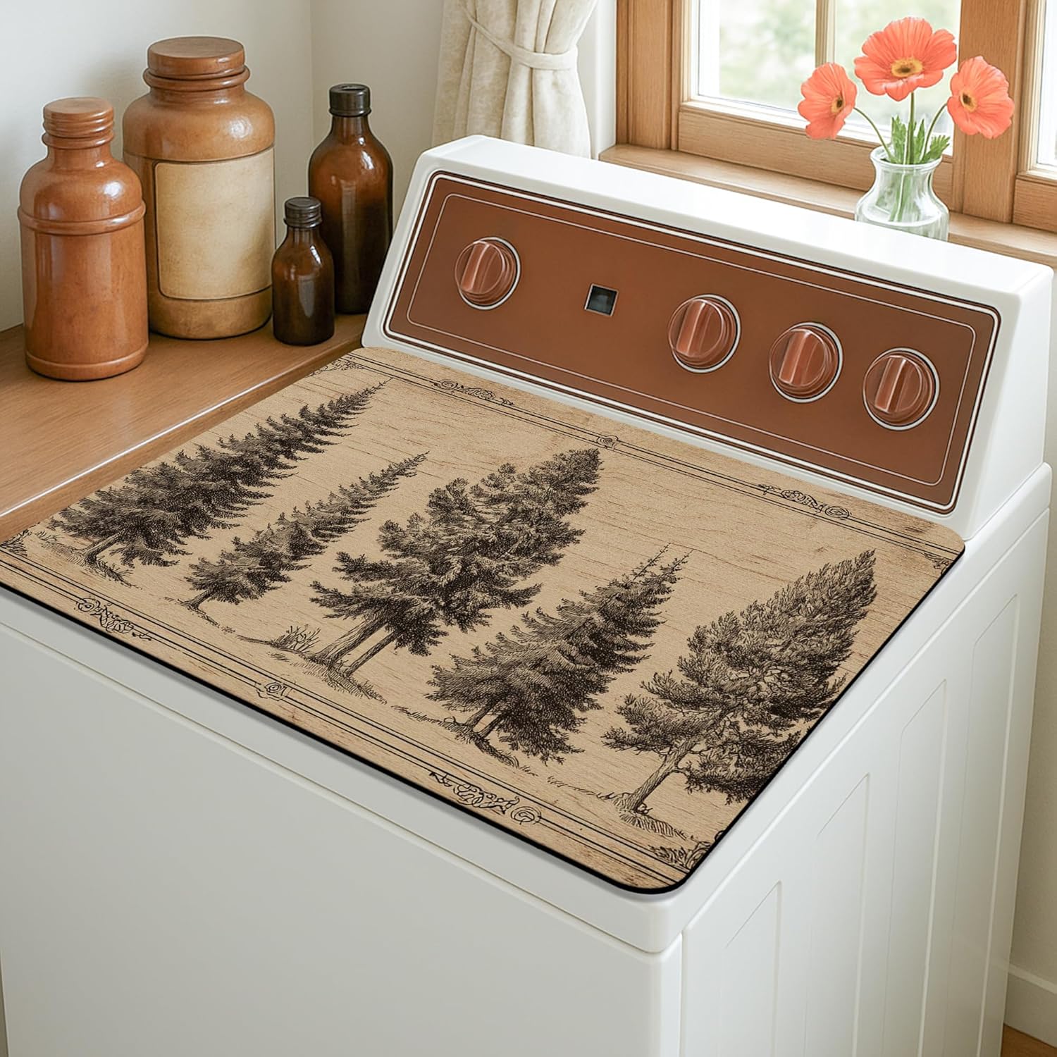 Tree Design Washer Dryer Top Protector Mat, Rustic Vintage Laundry Machine Dust Covers, Eco-friendly Rubber Anti-slip Waterproof Washer and Dryer Mats for Home 20x24 Inch