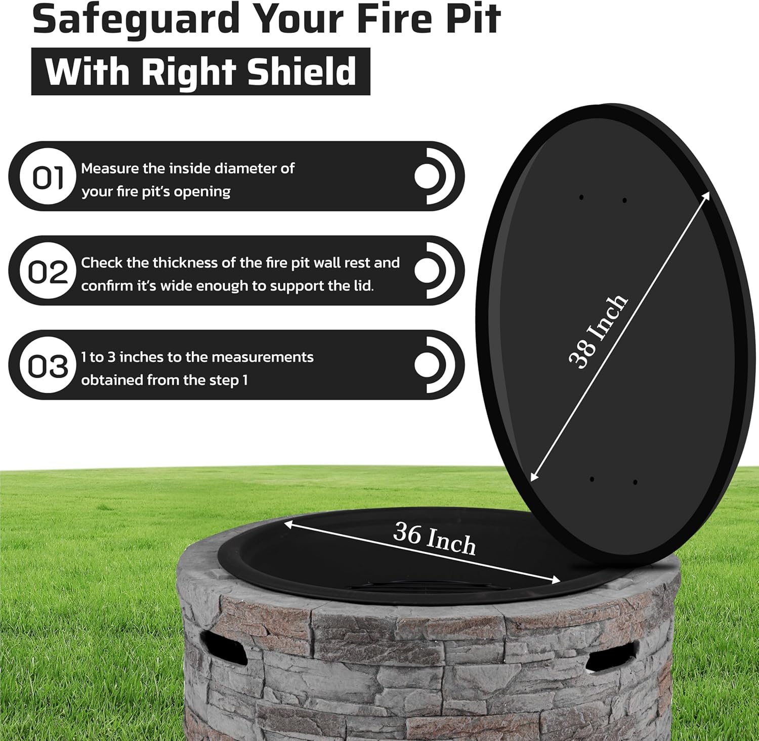 FEBTECH Fire Pit Shield 38 Inch - 16 Gauge Heat Resistant Coated Carbon Steel Fire Pit Burner Pan Cover Round with 2 Wooden Handles - Compatible with Fire Pits Inside Diameter Up to 36