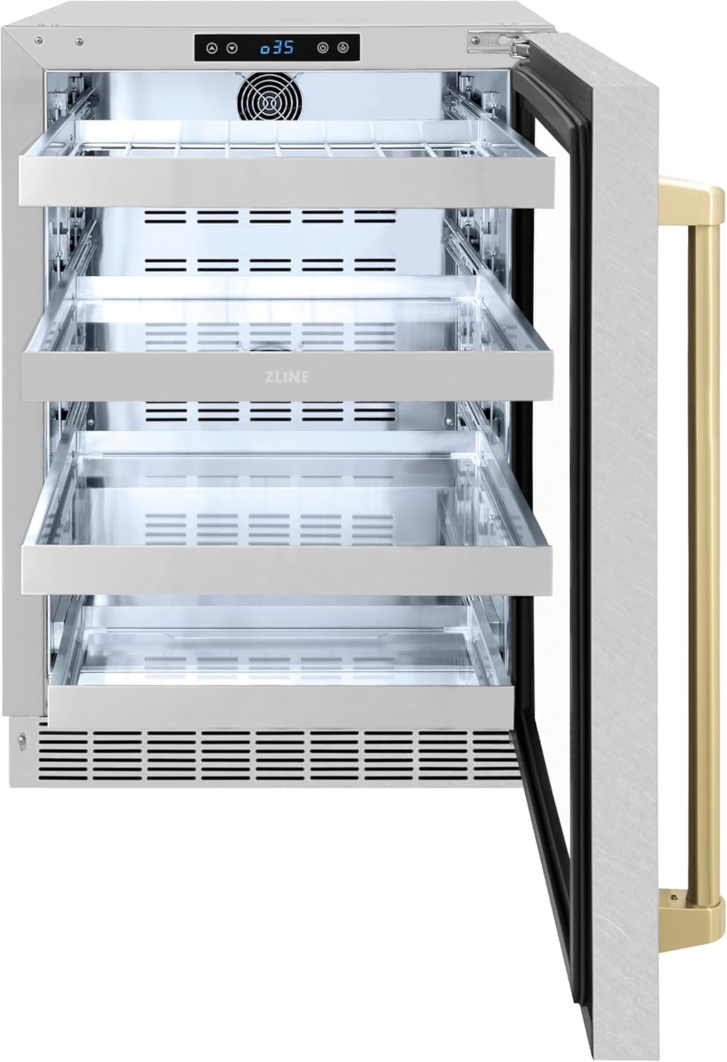 ZLINE Autograph Edition 24 in. Touchstone 151 Can Beverage Fridge With Satin Stainless Steel Glass Door And Champagne Bronze Handle (RBSOZ-SN-24-CB)