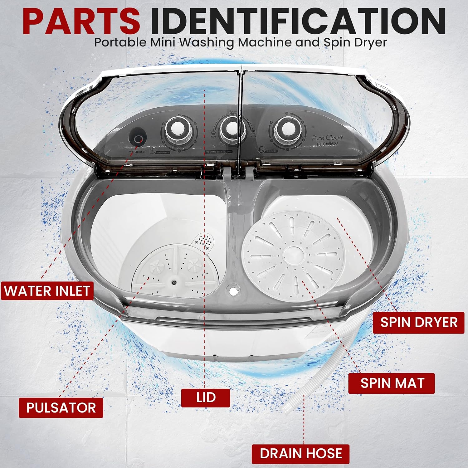 PURE CLEAN Compact Home Washer & Dryer, 2 in 1 Portable Mini Washing Machine, Twin Tubs, 11lbs. Capacity, 110V, Spin Cycle w/Hose, Translucent Tub Container Window, Ideal for Smaller Laundry Loads