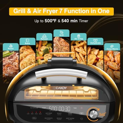 Candy Indoor Grill & Air Fryer with Ceramic Accessories, 500°F Max, 7-IN-1 Digital Display, 5.2 QT Electric Low Smoke with View Window, Smart Thermometer, Crisp, Roast & Dehydrate, Easy Clean, 1500W