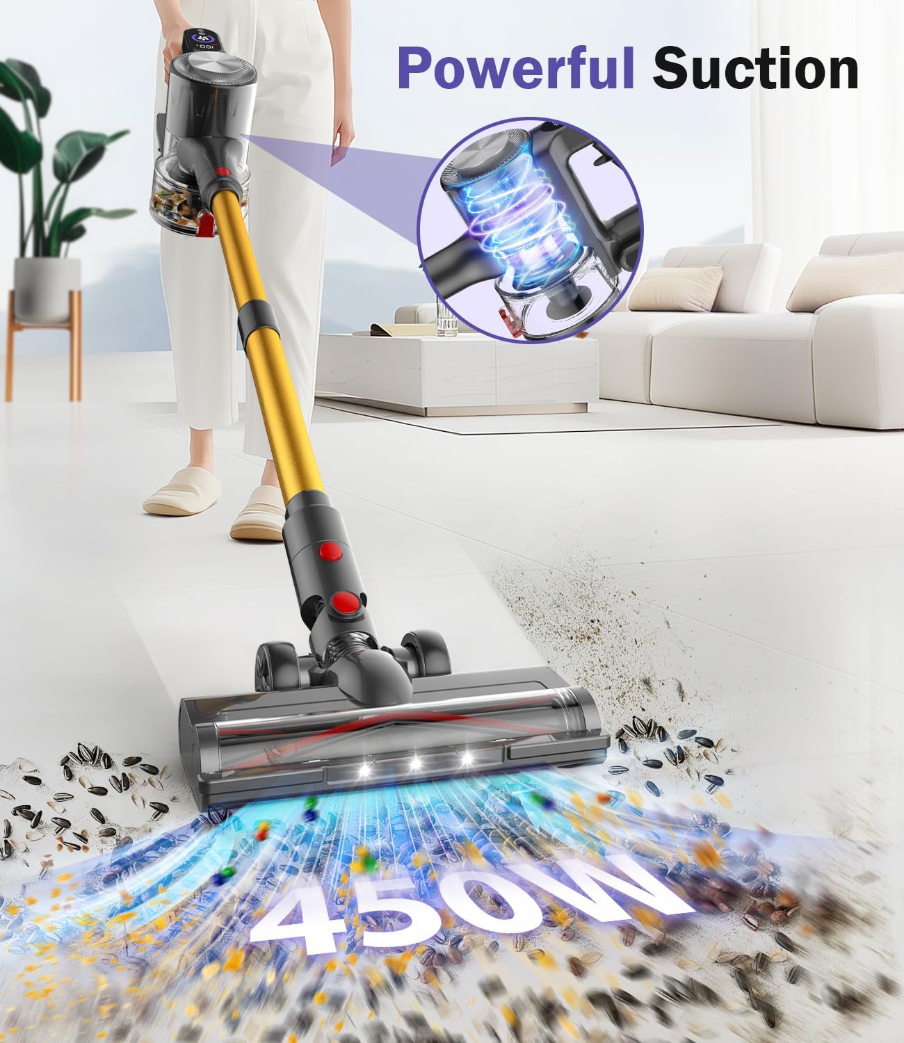 Cordless Vacuum Cleaner, 45Mins Vacuum Cleaners for Home with LED Display, Stick Vacuum Cordless Rechargeable, Wall-mounted Charging, Wireless Vacuum for Home Pet Hair, Carpet, Hardwood Floor