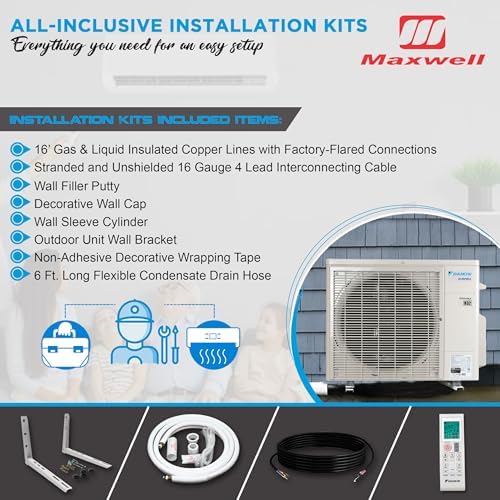 Daikin 9,000 BTU 21 SEER2 Aurora Low Ambient Ductless Mini Split Air Conditioner Heat Pump with Maxwell 15 ft. Installation Kit and Bracket - Wi-Fi Enabled R32