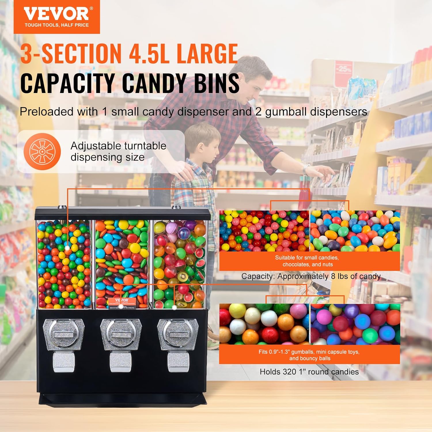 VEVOR Commercial Vending Machine, Triple Compartment Candy Dispenser with Iron Stand, Gumball and Candy Machine for Business, Coin Operated Gumball Bank for Toy Capsules Bouncy Balls Candy Nut, Black