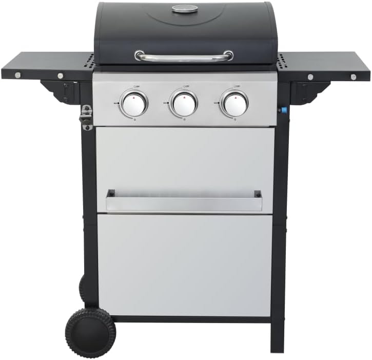 3-Burner Propane Gas BBQ Grill, 25650BTU Output With Wire Enamel Cooking Grids For Outdoor Barbecue, Foldable Side Table, Stainless Steel