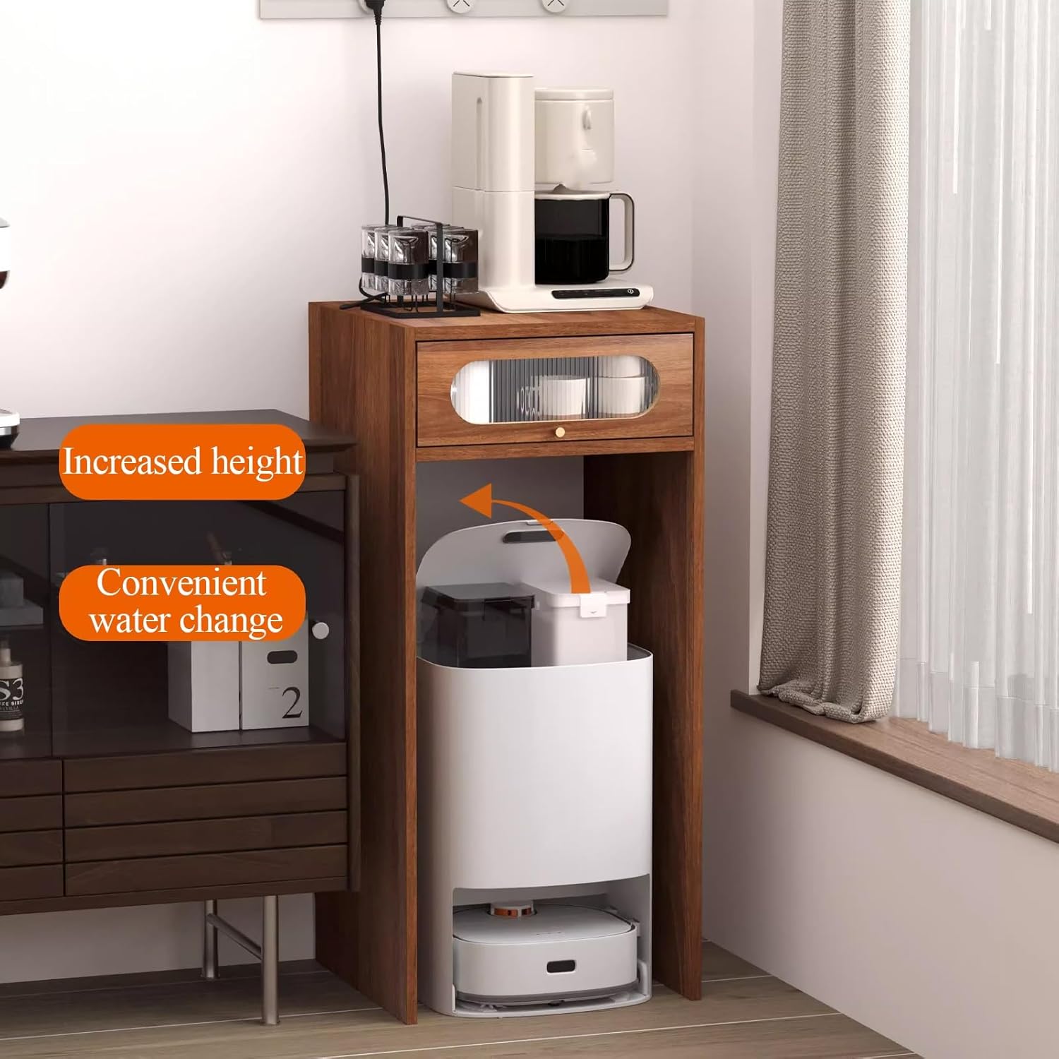 Self Emptying Robot Vacuum Cleaner Small Storage Cabinet with Doors, Robot Vacuum Kitchen Pantry Storage Cabinet, End Side Table for Living Room Home Office(Natural)