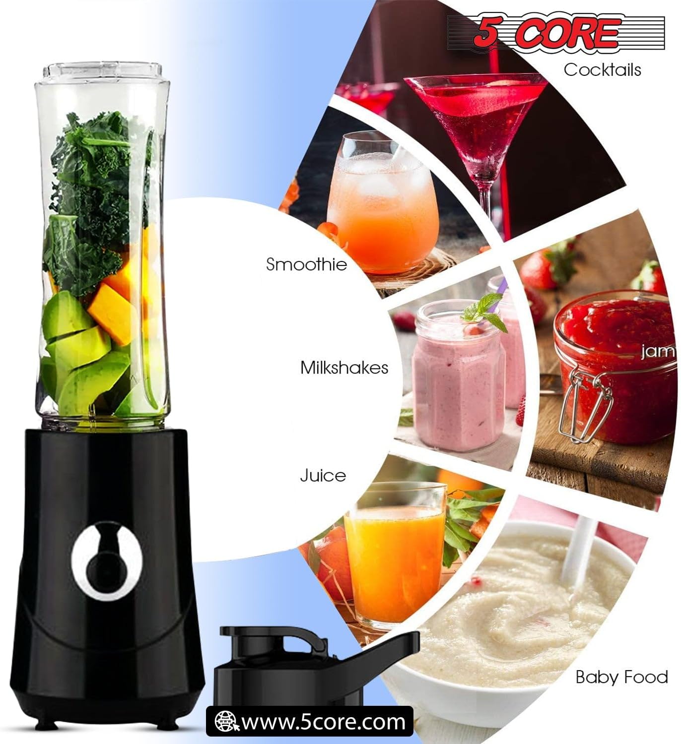 5 Core Smoothie Blender for Shakes and Smoothies, 500ml Powerful 160W Personal Blender & Smoothie Maker with Portable Bottle BPA Free 18 Oz, 4 Stainless Steel Blade, Blenders For Smoothie 5C 421