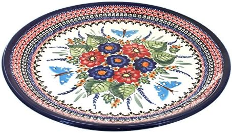 Blue Rose Polish Pottery - Red Floral Butterfly Large Round Platter - 13
