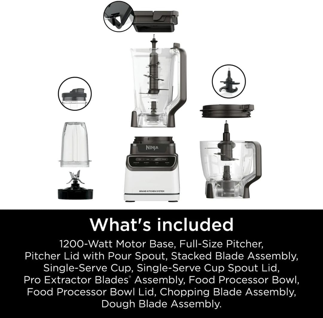 Ninja Grand Kitchen System 1200W Blender with 4 Auto-iQ Presets for Smoothie, Extract, Chop, Dough. 72oz Pitcher, 8-Cup Food Processor, Single-Serve Cup, Total Crushing & Pro Extractor Blades (White)