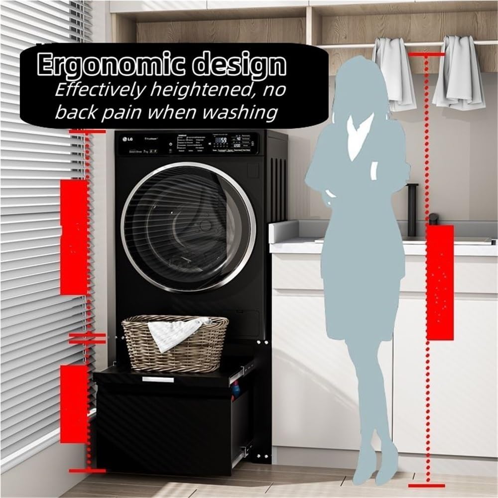 Cold-rolled Steel Laundry Pedestal, Washer and Dryer Pedestals with A Large Drawer, Washing Machine Pedestal with Adjustable Foot Pad, Universal Fit Anti-Vibration Washing Machine Stand(Black)