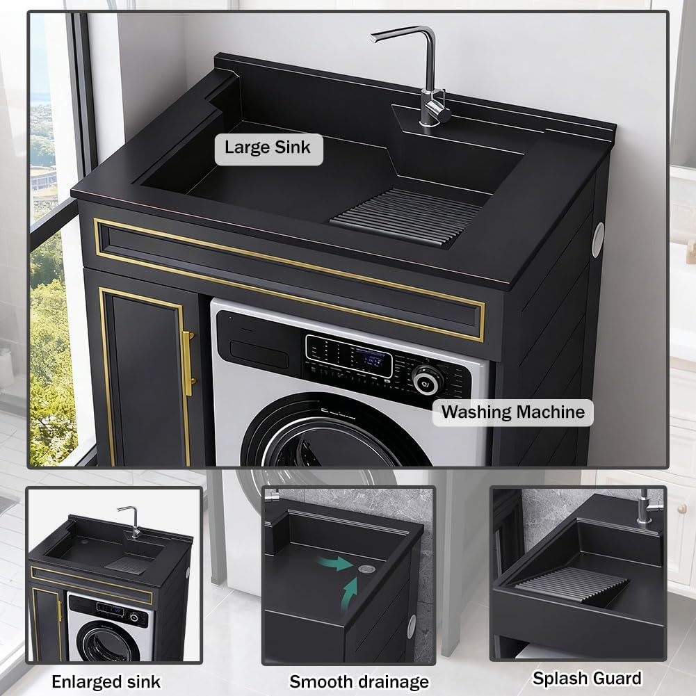 Multifunctional Washing Machine and Sink Combination Unit, Laundry Cabinet with Sink, Suitable for Placement Above Washing Machines and Dryers, Includes Faucet,Left 80 * 60cm