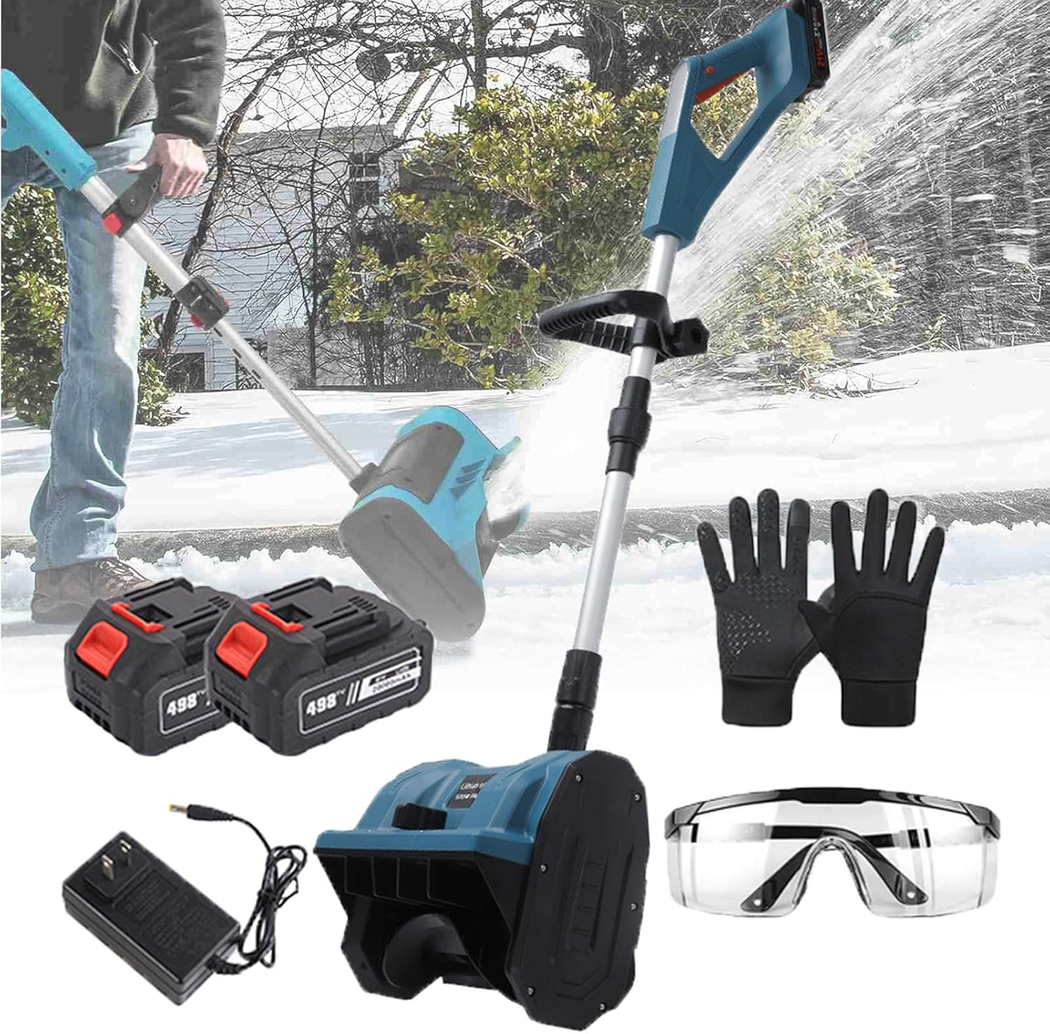 Cordless Electric Snow Shovel, Home Folding Snow Blower, Snow Thrower with Adjustable Front Handle for Patio Driveway Schoolyard,Blue-2Batteries