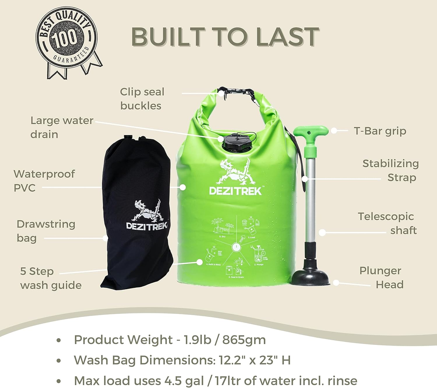 One Hand Wash Bag and Plunger Set - Off Grid Washing Machine Non Electric for Camping Travel | Eco Friendly Portable Manual Clothes