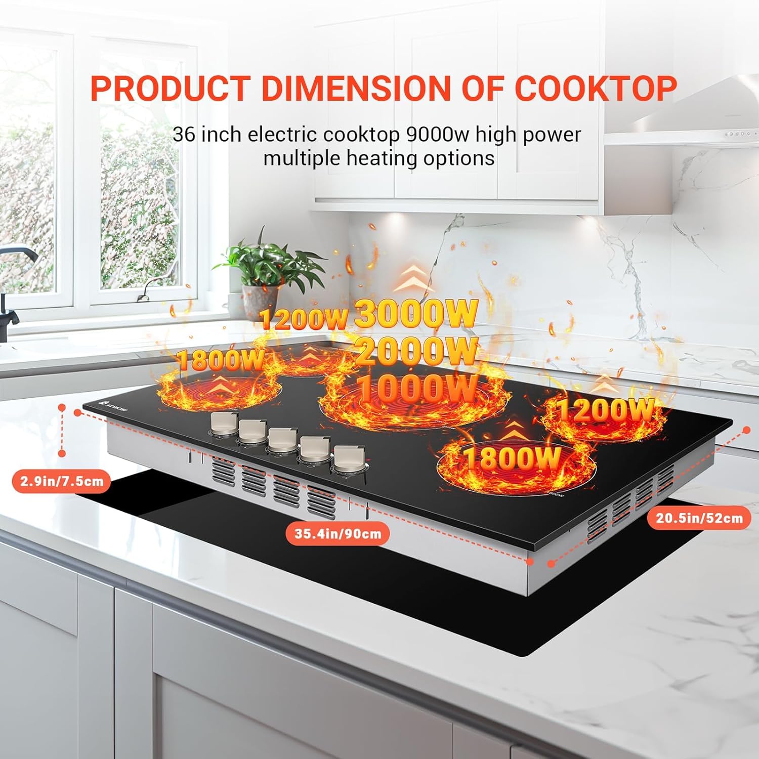 AAOBOSI 36 Inch Electric Cooktop 5 Burners, Upgraded 9000W Knob Control Built-in Ceramic Cooktop,Electric Stove Top,9 Heating Level, Chlid Lock Timer, ETC&FCC 220V~240V for Hard Wire(No Plug)