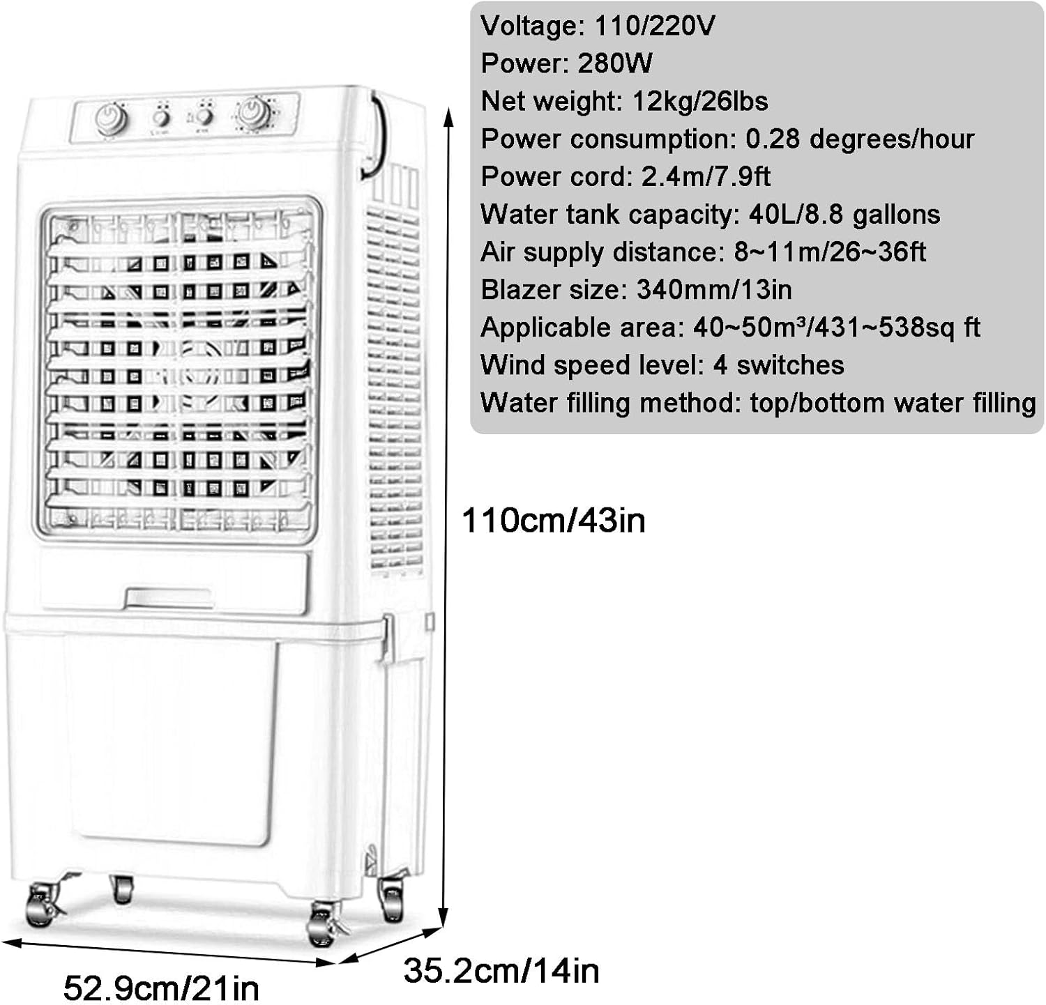 3 in 1 Evaporative Cooler, Swamp Cooler, Air Conditioner Portable with 8.8 Gal Split Water Tank, Knob Control, 3 Speed and 4 Ice Box(Black)
