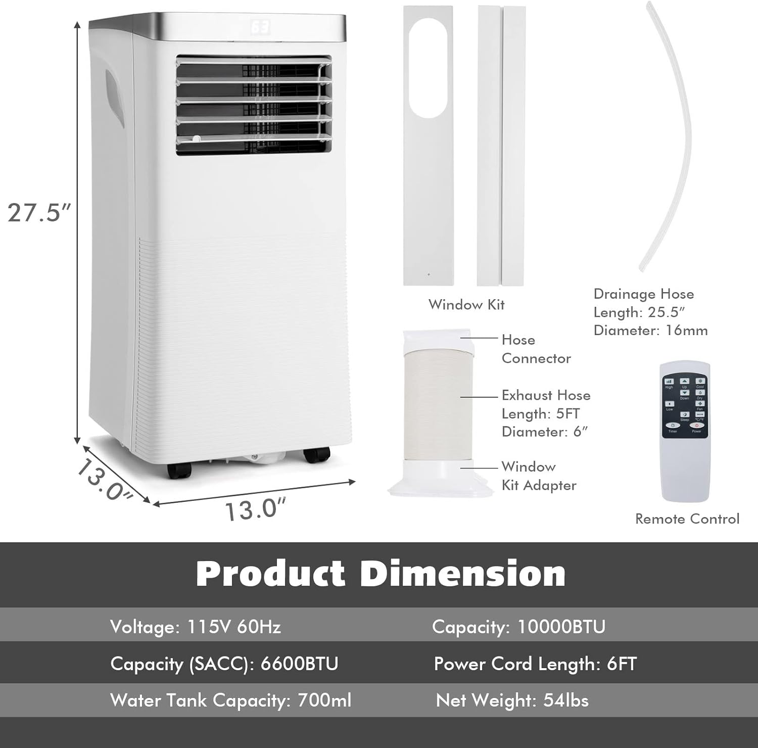 SIMOE 10000 BTU Portable Air Conditioner, Portable AC Unit with Fan, cooling, Dehumidifier Modes for Rooms up to 350 Sq.Ft, Air Conditioner Portable with Sleep Mode, 24H Timer & Remote Control