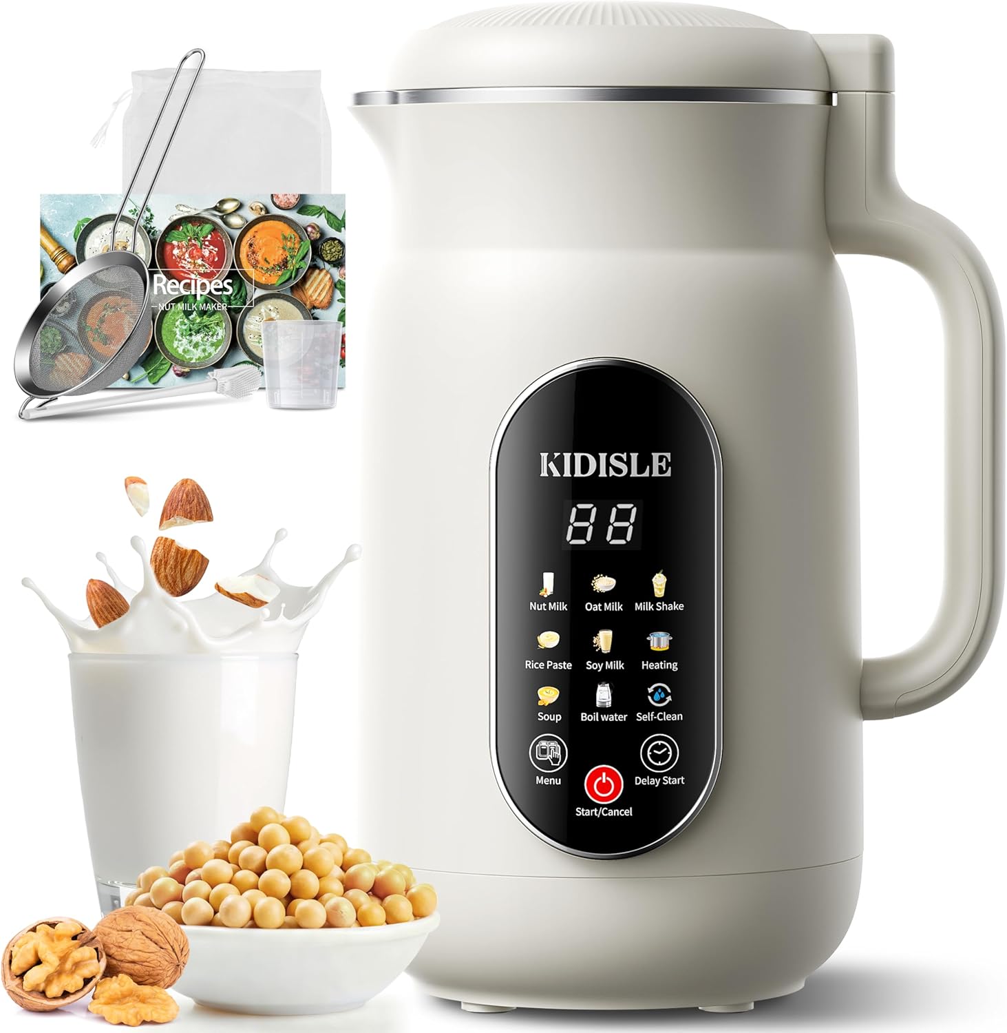 51oz Nut Milk Maker Machine, 10-in-1 Soup Maker with 140℉ Heating & 8H Keep Warm, Touch Screen Plant-Based Milk Maker for Almond, Oat & Soy, 12H Delay Start & Self-Clean, Noise Reduction
