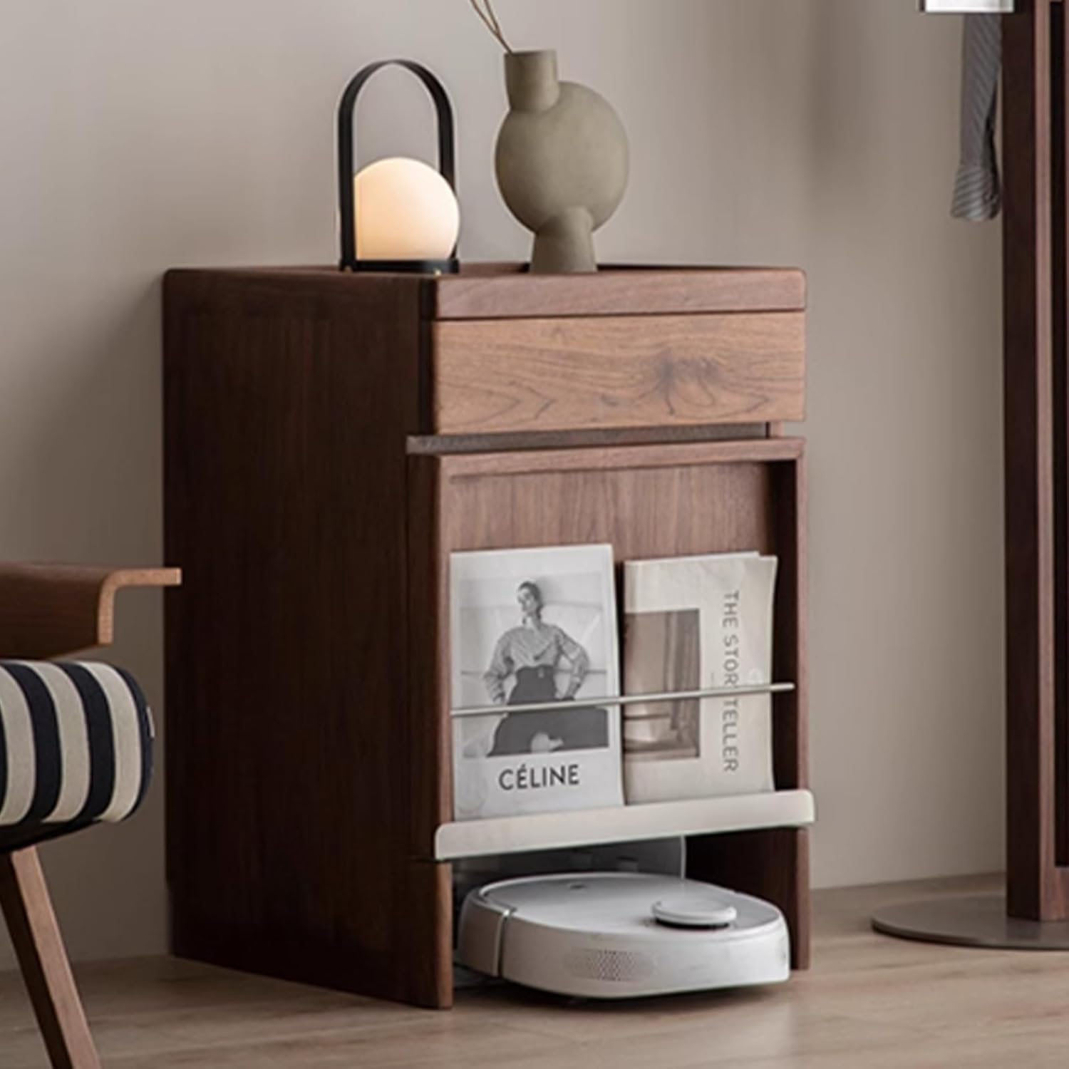 Storage Cabinet With Doors And Drawers For Robot Vacuum Cleaner,Wood Accent End Side Table For Living Room, Home Office(Yellow)